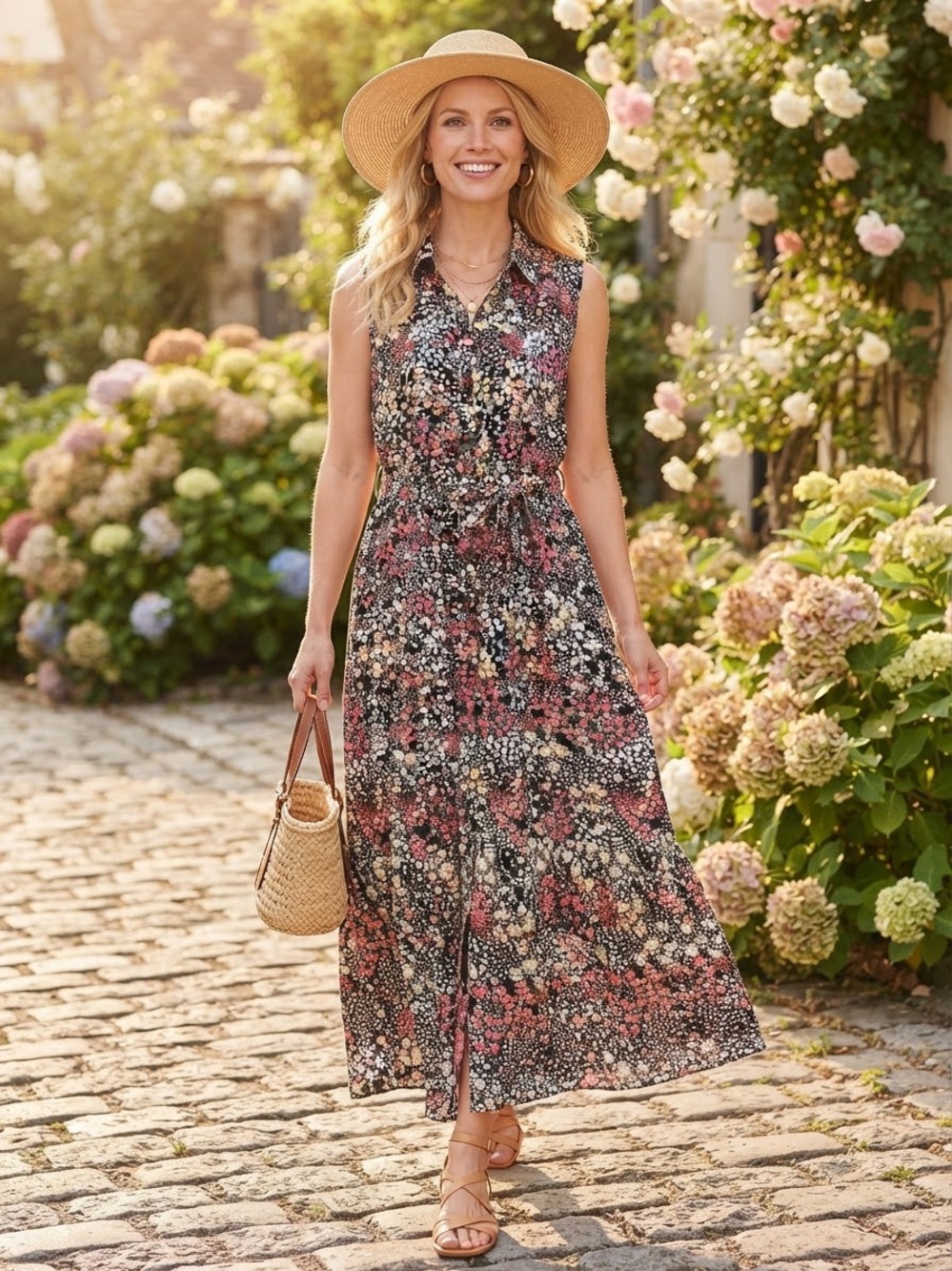 Croft & Barrow Black Floral Midi Maxi Dress Size XL Sleeveless Belted Pockets